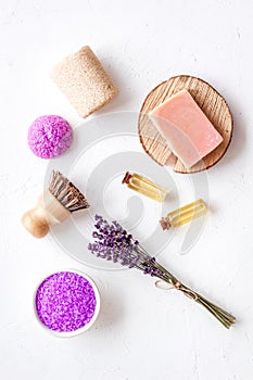 Set of lavender cosmetics products with spa beauty essential oil and herbs