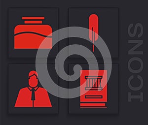 Set Law book, Inkwell, Feather pen and Lawyer, attorney, jurist icon. Vector photo