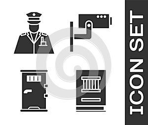 Set Law book, Police officer, Prison cell door and Security camera icon. Vector