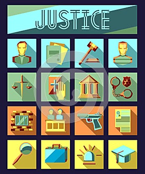 Set of law and justice flat icons with lawyer