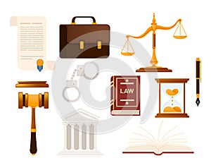 Set of law justice icons lawbook hammer scales and others vector illustration on white background