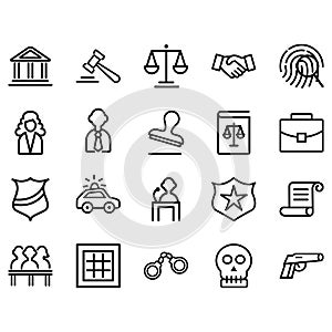 Set of Law and justice Related Vector Lines Icons.