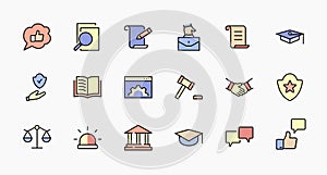 Set of Law and justice Vector Line Icons. Contains such Icons as weapon, arrest, authority, courthouse, gavel, legal