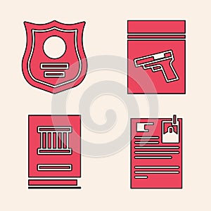 Set Lawsuit paper, Police badge, Evidence bag and pistol or gun and Law book icon. Vector