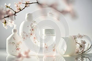 Set of layouts for beauty products with flowering branches. Various bottles and jars with cherry blossoms inside. Generated by AI