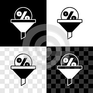 Set Lead management icon isolated on black and white, transparent background. Funnel with discount percent. Target