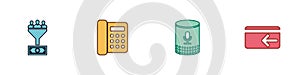 Set Lead management, Telephone, Voice assistant and Cash back icon. Vector