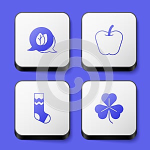 Set Leaf, Apple, Socks and Clover icon. White square button. Vector