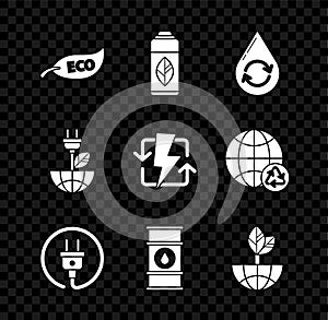 Set Leaf Eco symbol, Recycling plastic bottle, Recycle clean aqua, Electric plug, Oil barrel line, Earth globe and leaf