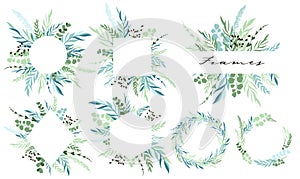 Set of leaf frames and wreath with botanical elements. Vector
