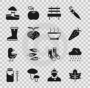 Set Leaf or leaves, Cloud with rain, Carrot, Bench, Beet, Waterproof rubber boot, Mushroom and Bowl hot soup icon