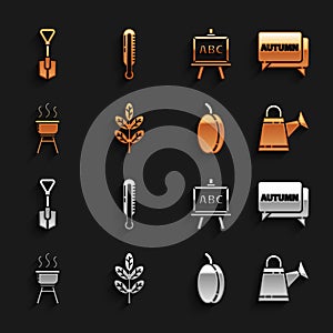 Set Leaf or leaves, Speech bubble with text autumn, Watering can, Plum fruit, Barbecue grill, Chalkboard, Shovel and