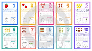 Set of learning numbers flashcards for preschool kids from 1 to 10. Activity worksheets with many exersices