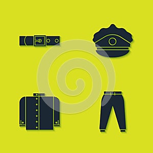 Set Leather belt, Sport pants, T-shirt and Police cap with cockade icon. Vector