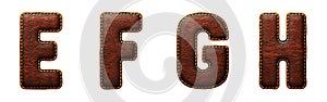 Set of leather letters E, F, G, H uppercase. 3D render font with skin texture isolated on white background.