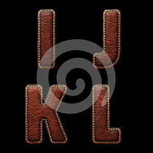 Set of leather letters I, J, K, L uppercase. 3D render font with skin texture isolated on black background.