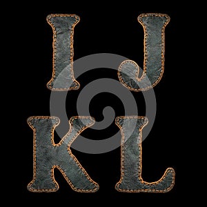 Set of leather letters I, J, K, L uppercase. 3D render font with skin texture isolated on black background.