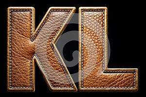Set of leather letters K, L uppercase. 3D render font with skin texture isolated on black background. 3d rendering