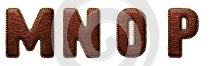 Set of leather letters M, N, O, P uppercase. 3D render font with skin texture isolated on white background.