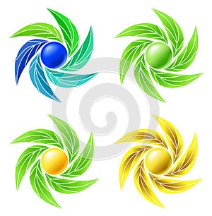 Set of leaves and spheres as logos for businesses.