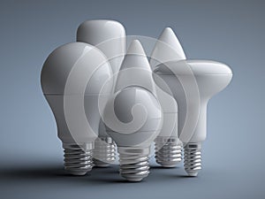 A set of LED efficiency energy light bulbs in various shapes and sizes. Power saving lamp