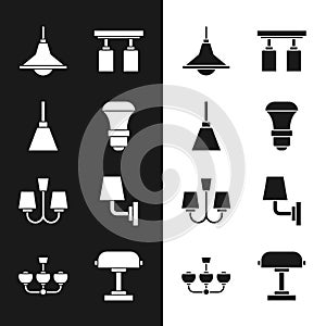 Set LED light bulb, Chandelier, Led track lights lamps, Wall or sconce, Table and icon. Vector