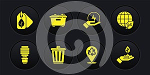 Set LED light bulb, Earth globe and leaf, Trash can, Recycle, Lightning bolt, Plant hand and Tag with icon. Vector