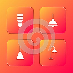 Set LED light bulb, Lamp hanging, Chandelier and Floor lamp icon. Vector