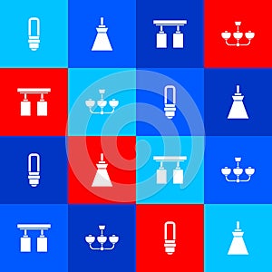 Set LED light bulb, Lamp hanging, Led track lights and lamps and Chandelier icon. Vector
