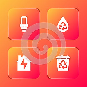 Set LED light bulb, Recycle clean aqua, House and lightning and bin with recycle icon. Vector