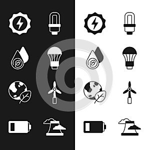 Set LED light bulb, Water energy, Lightning bolt, Earth globe and leaf, Wind turbine, Nuclear power plant and Battery