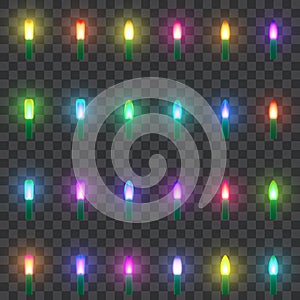 Set of Led neon lamps. Set of christmas lights isolated realistic design elements. Glowing lights for Xmas Holiday cards, banners