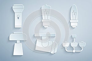 Set Led track lights and lamps, Light bulb, Table, Chandelier, and Flashlight icon. Vector