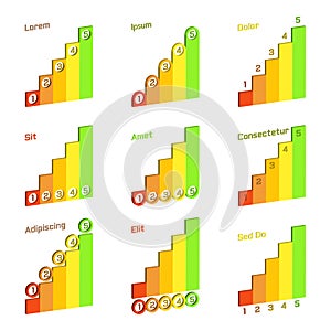 Set of left-sided isometric histogram with place for mark. Volume graphs . Colorful elements for infographics. Vector