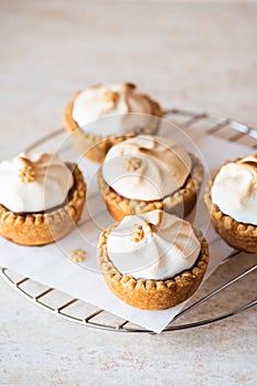 Set of lemon curd tartlets with whipped meringue. Close up