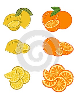 Set of lemon and orange slices