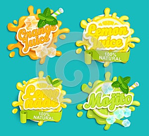 Set of Lemonade, Orange, Lemon Juice, Mojito labels splash.