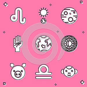 Set Leo zodiac, Solstice, Planet Mars, Palmistry of the hand, Earth, Astrology horoscope circle, Pig and Libra icon