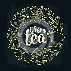 Set with lettering Green Tea. Vector vintage engraving