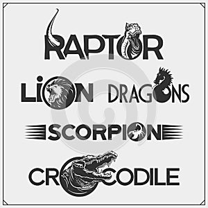 Set of lettering logos with animals. Lion, scorpion, dragon, dinosaur and crocodile. Print design for t-shirt.