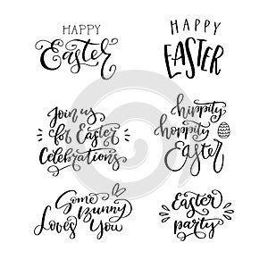 Set of lettering phrase Happy Easter, Hippity, Hoppity Easter, Easter party, Some Bunny Loves You, Join us for Easter Celebrations
