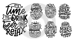 Set with lettering quotes about beer in vintage style. Calligraphic posters for t shirt print. Hand Drawn slogans for pub or bar