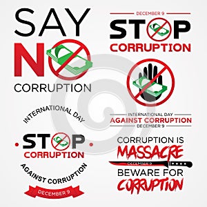 Set lettering stop corruption day vector for International Anti Corruption Day