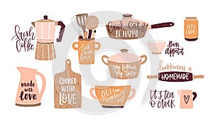 Set of lettering written with cursive font and decorated with cookware, kitchen utensils for home cooking and tools for