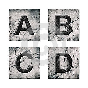 Set, letters A, B, C, and D. Alphabet on stone blocks. Isolated on white background. Education