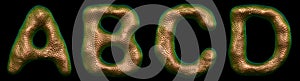 Set of letters A, B, C, D made of realistic 3d render natural gold snake skin texture.