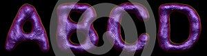 Set of letters A, B, C, D made of realistic 3d render natural purple snake skin texture.