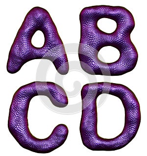 Set of letters A, B, C, D made of realistic 3d render natural purple snake skin texture.