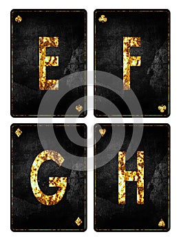 Set of letters E, F, G, H. Alphabet on vintage playing cards. Isolated on white background