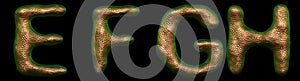 Set of letters E, F, G, H made of realistic 3d render natural gold snake skin texture. photo